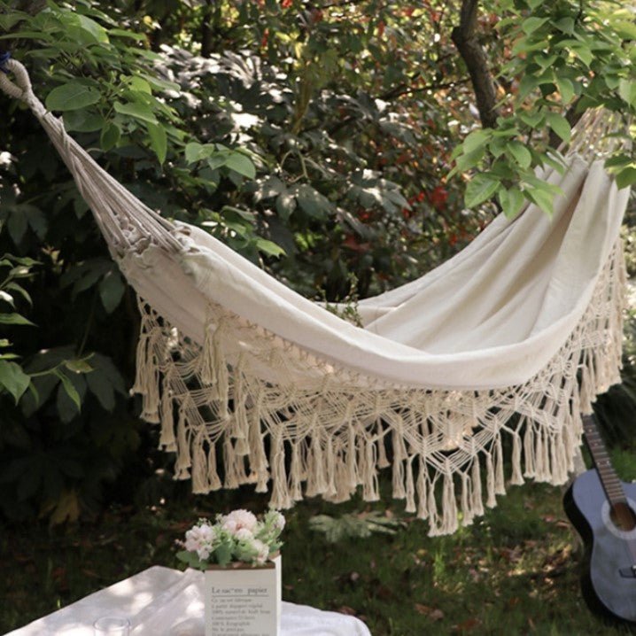 Hamac dublu, din bumbac, cu franjuri, saculet transport si franghii, 200x150 cm - BUZ.RO