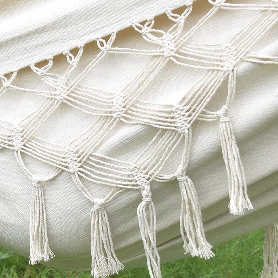 Hamac dublu, din bumbac, cu franjuri, saculet transport si franghii, 200x150 cm - BUZ.RO
