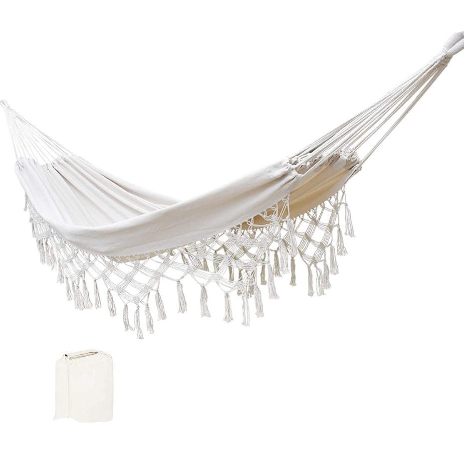 Hamac dublu, din bumbac, cu franjuri, saculet transport si franghii, 200x150 cm - BUZ.RO