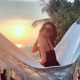 Hamac dublu, din bumbac, cu franjuri, saculet transport si franghii, 200x150 cm - BUZ.RO