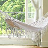 Hamac dublu, din bumbac, cu franjuri, saculet transport si franghii, 200x150 cm - BUZ.RO