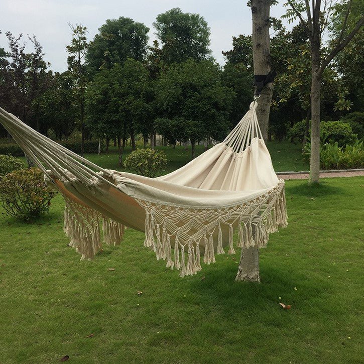 Hamac dublu, din bumbac, cu franjuri, saculet transport si franghii, 200x150 cm - BUZ.RO