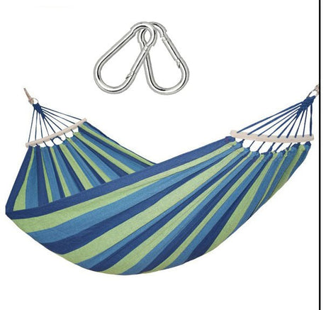 Hamac dublu din bumbac cu lemn la capete si franghii, 2 persoane, albastru cu verde - BUZ.RO