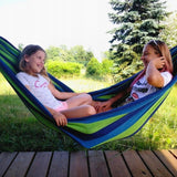 Hamac dublu din bumbac cu lemn la capete si franghii, albastru - verde - BUZ.RO