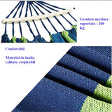 Hamac dublu din bumbac cu lemn la capete si franghii, albastru - verde - BUZ.RO