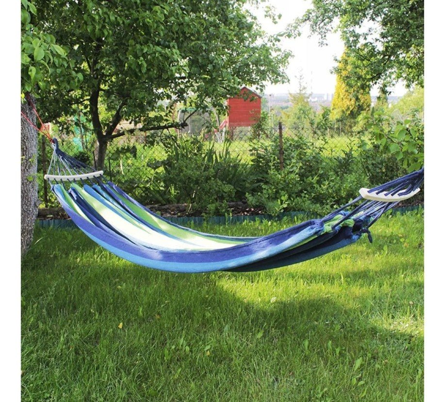 Hamac dublu din bumbac cu lemn la capete si franghii, albastru - verde - BUZ.RO