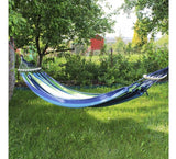 Hamac dublu din bumbac cu lemn la capete si franghii, albastru - verde - BUZ.RO