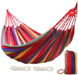 Hamac dublu din bumbac cu lemn la capete si franghii, albastru - verde - BUZ.RO