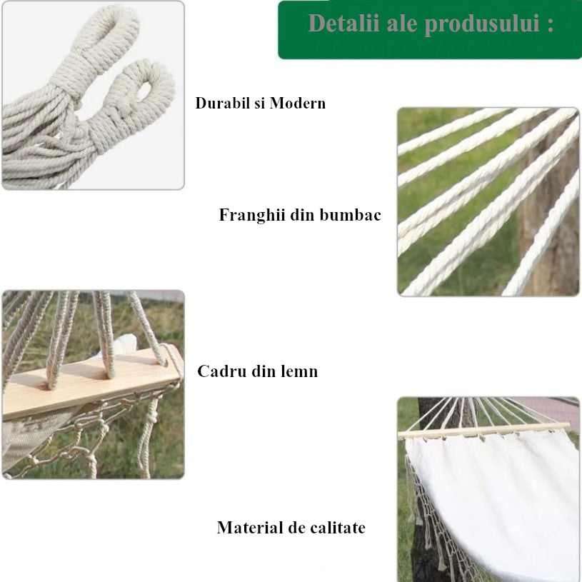 Hamac gradina sau terasa , cu franjuri, cadru din lemn, crem, 80x200