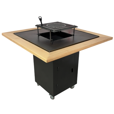 Fire Pit, Gratar cu plita 95x 95 cm din otel 10 mm pe lemne, pentru gradina sau terasa  + blat de lemn