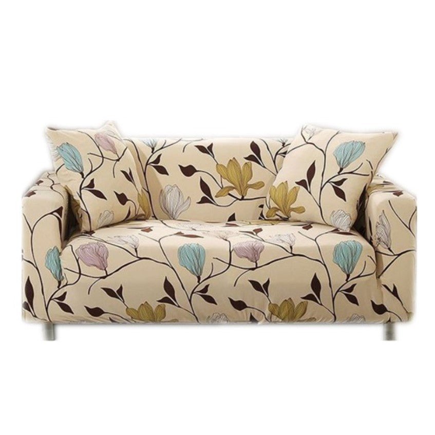 Husa elastica universala pentru canapea si pat, cu 2 fete de perna, crem cu flori,190 - 230cm - BUZ.RO