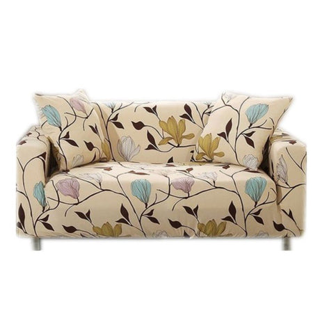 Husa elastica universala pentru canapea si pat, cu 2 fete de perna, crem cu flori,190 - 230cm - BUZ.RO