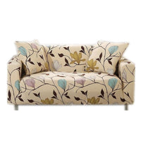 Husa elastica universala pentru canapea si pat, cu 2 fete de perna, crem cu flori,190-230cm