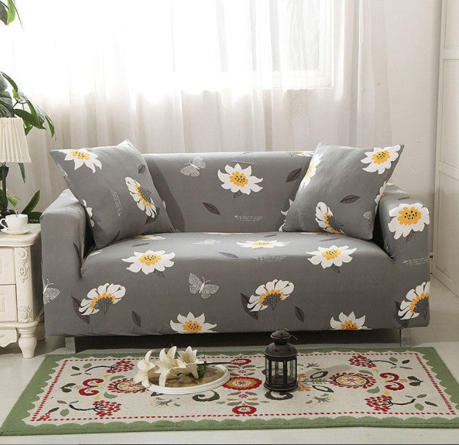 Husa elastica universala pentru canapea si pat,verde cu flori galbene, 190 x 210 cm