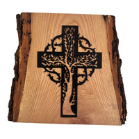 Icoana perete Cruce de perete decoratiune din metal negru pe lemn de frasin cu coarjă – decor unic, lucrat manual 30x28 cm