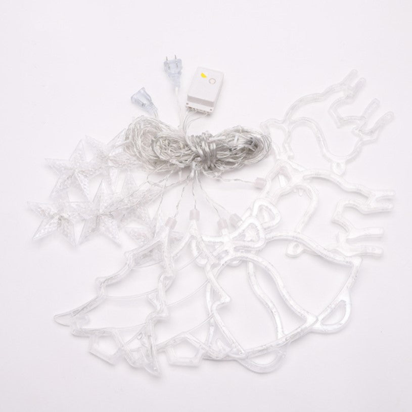 Instalatie craciun perdea luminoasa cu figurine brazi, reni si clopotei, 4m, alb cald