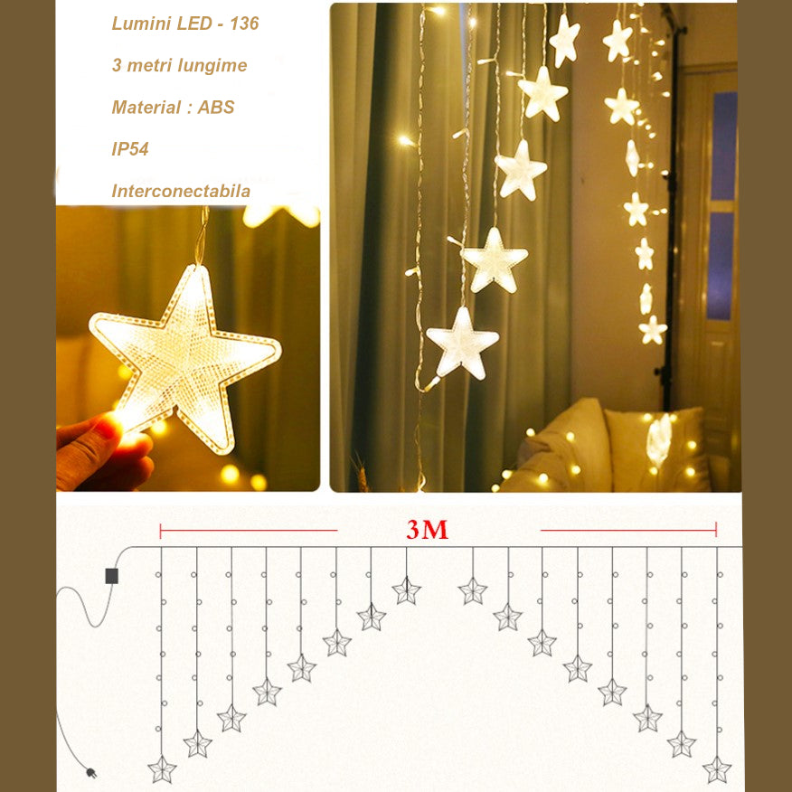 Instalatie craciun, perdea luminoasa ploaie de stele, pentru interior sau exterior, 4 metri, interconectabila, lumini LED, alb cald cald