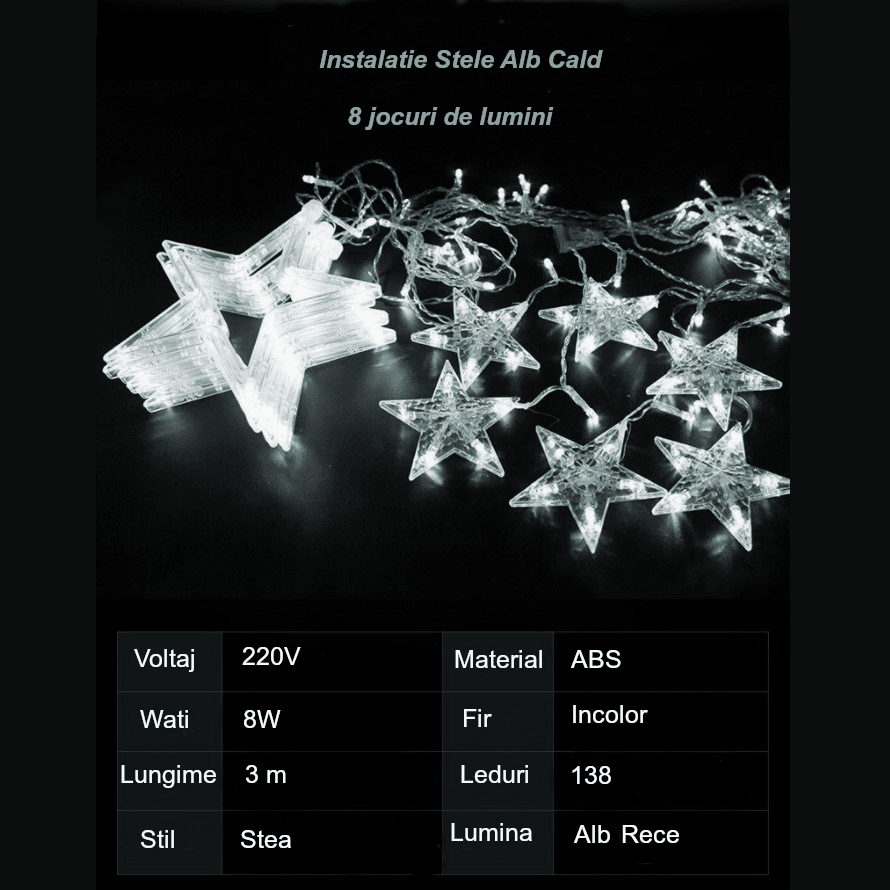 Instalatie craciun, perdea luminoasa ploaie de stele, pentru interior sau exterior, 3 metri, interconectabila, lumini LED, alb rece - BUZ.RO