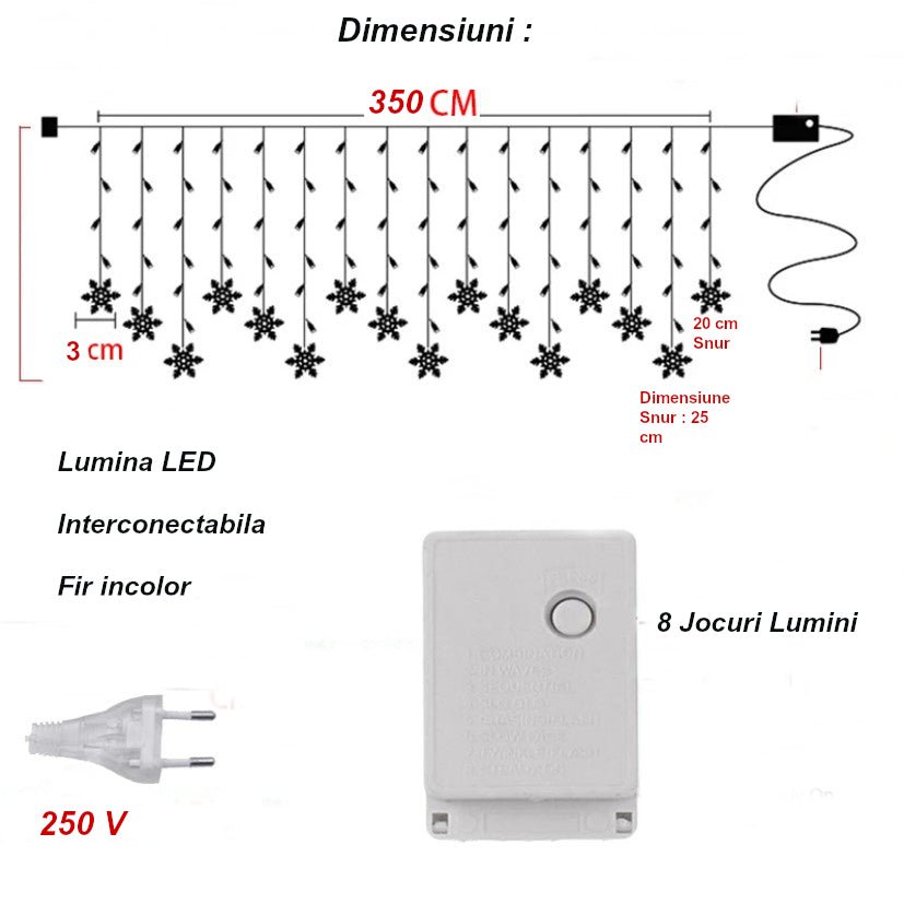 Instalatie craciun, ploaie de fulgi, instalatie perdea, 3.5 metri, lumini LED, interior, exterior, alb cald - BUZ.RO