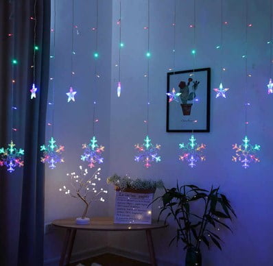 Instalatie craciun,perdea cu fulgi si stele,multicolora