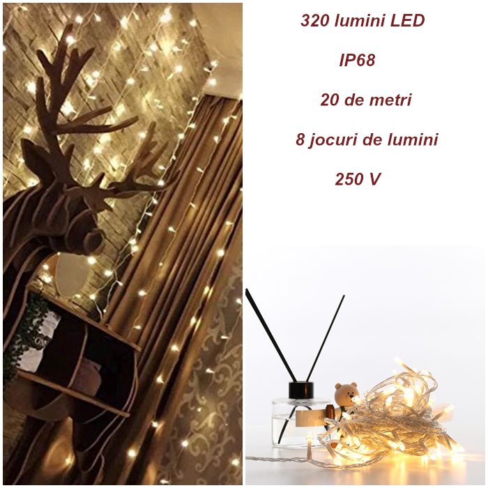 Instalatie luminoasa pentru Craciun, perdea, 4 metri lungime, cu 8 jocuri de lumini, alb cald - BUZ.RO