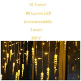 Instalatie luminoasa, pentru Craciun, perdea de lumini, sloi de gheata, turturi, interconectabila, 3 metri, alb cald - BUZ.RO