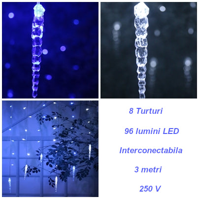 Instalatie luminoasa, Craciun, perdea de lumini, sloi de gheata, turturi, interconectabila, 3 metri, 250V, alb rece cu albastru