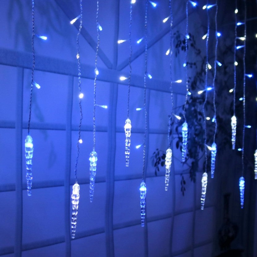 Instalatie luminoasa, Craciun, perdea de lumini, sloi de gheata, turturi, interconectabila, 3 metri, 250V, alb rece cu albastru