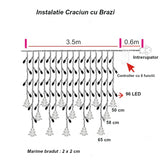 Instalatie pentru Craciun, perdea luminoasa, cu braduti, 3.5 metri, lumini LED, pentru interior, alb cald, buz