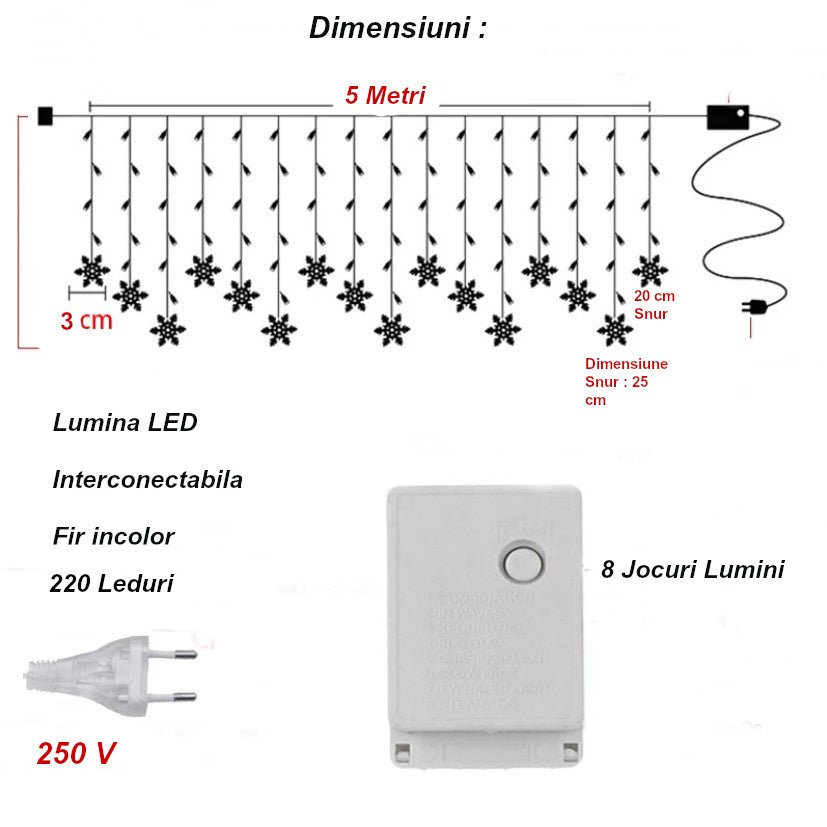 Instalatie pentru Craciun, perdea luminoasa, ploaie de fulgi, 5 metri, lumini LED, pentru interior sau exterior, alb cald - BUZ.RO