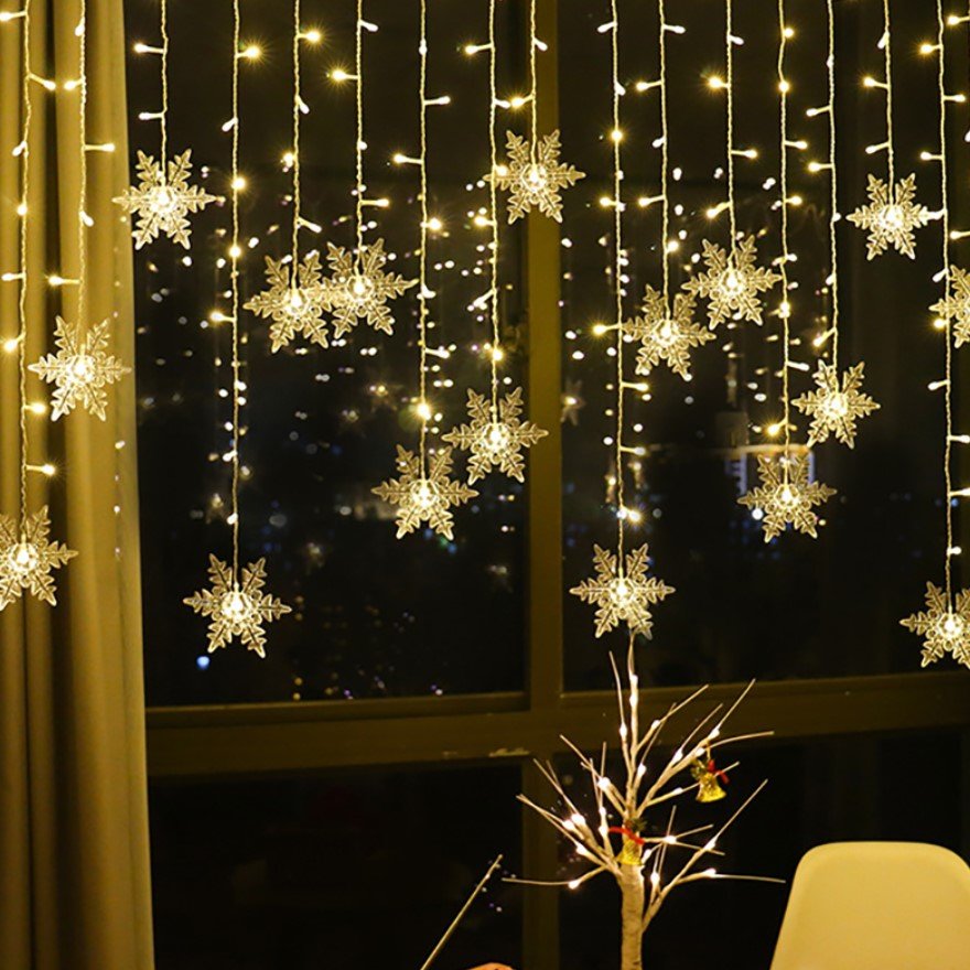 Instalatie pentru Craciun, perdea luminoasa, ploaie de fulgi, 5 metri, lumini LED, pentru interior sau exterior, alb cald - BUZ.RO