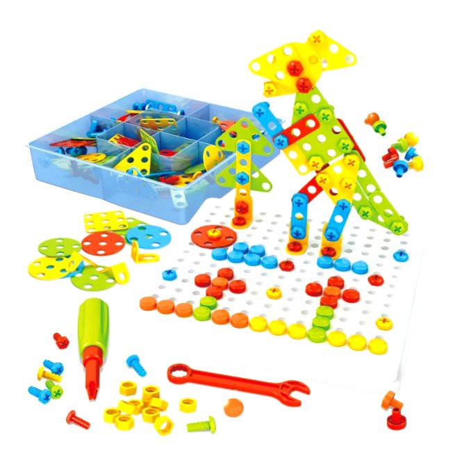Joc de constructie, joc educativ, montessori, puzzle mozaic, suruburi, saibe, surubelnita electrica, albastru - BUZ.RO