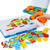 Joc de constructie, joc educativ, montessori, puzzle mozaic, suruburi, saibe, surubelnita electrica, albastru - BUZ.RO