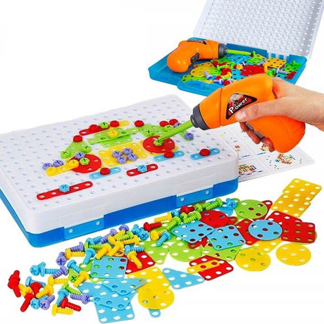 Joc de constructie, joc educativ, montessori, puzzle mozaic, suruburi, saibe, surubelnita electrica, albastru - BUZ.RO