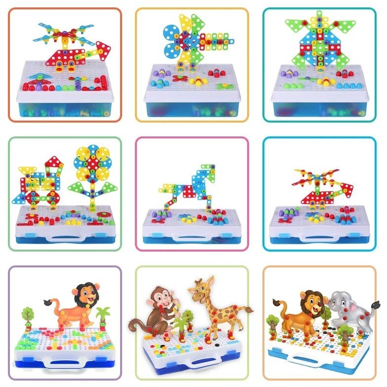 Joc de constructie, joc educativ, montessori, puzzle mozaic, suruburi, saibe, surubelnita electrica, albastru - BUZ.RO