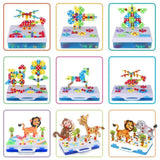 Joc de constructie, joc educativ, montessori, puzzle mozaic, suruburi, saibe, surubelnita electrica, albastru - BUZ.RO