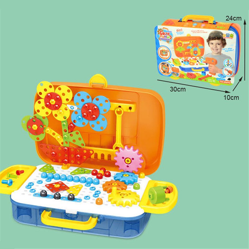 Joc educativ de constructie, Montessori, puzzle mozaic cu suruburi, saibe, surubelnita electrica, 276 piese - BUZ.RO