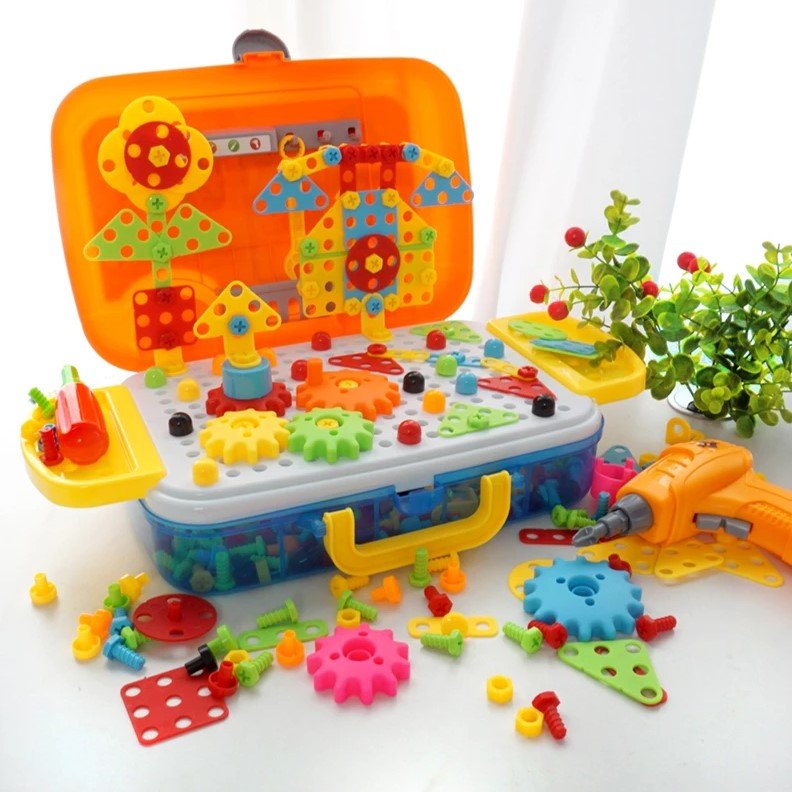 Joc educativ de constructie, Montessori, puzzle mozaic cu suruburi, saibe, surubelnita electrica, 276 piese - BUZ.RO