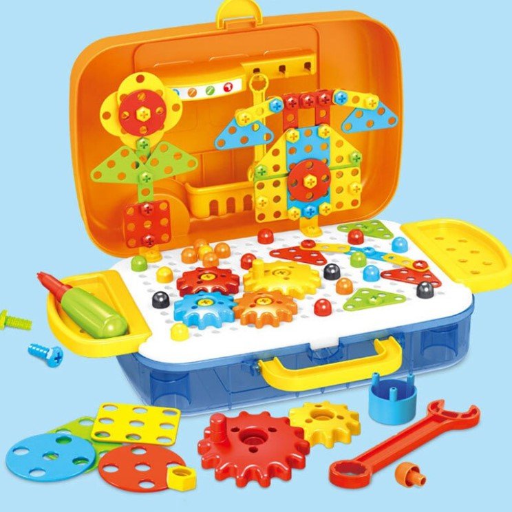 Joc educativ de constructie, Montessori, puzzle mozaic cu suruburi, saibe, surubelnita electrica, 276 piese - BUZ.RO
