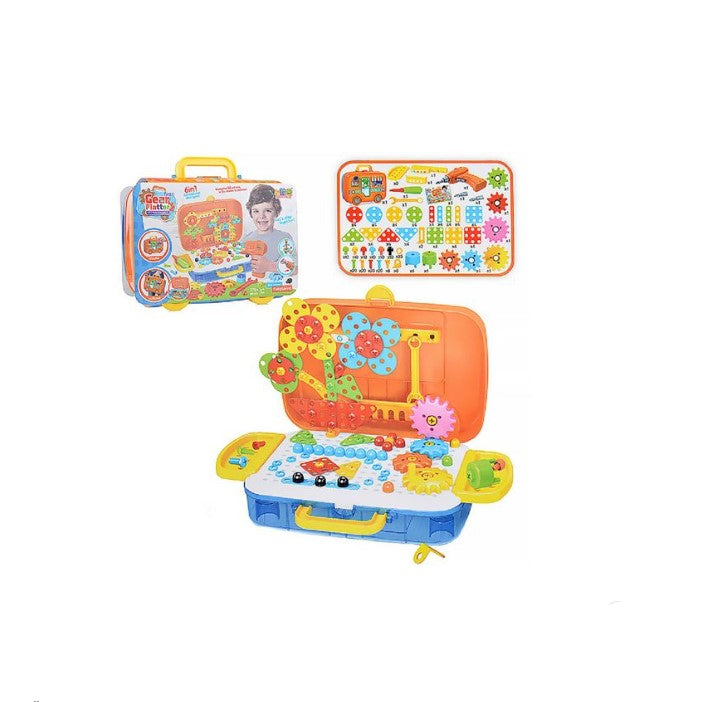 Joc educativ de constructie, Montessori, puzzle mozaic cu suruburi, saibe, surubelnita electrica, 276 piese