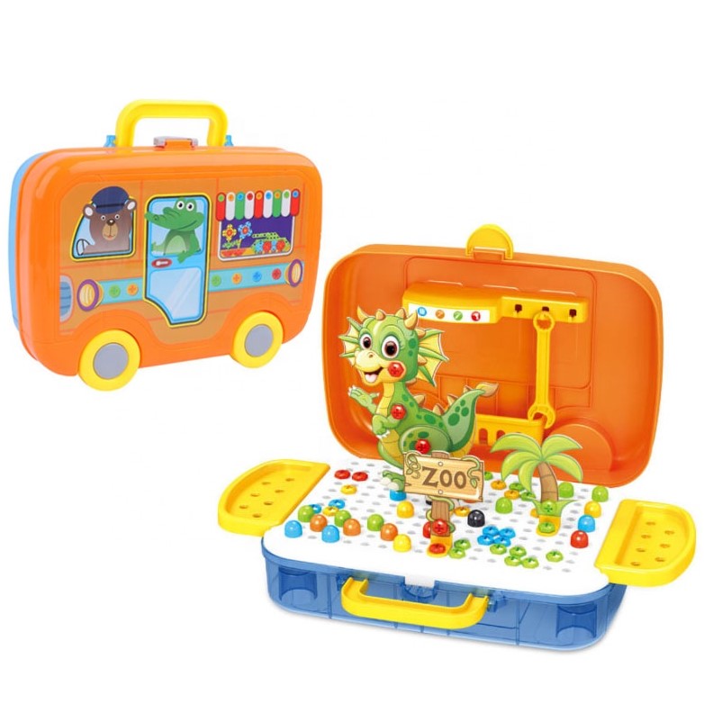 Joc educativ de constructie, Montessori, puzzle mozaic cu suruburi, saibe, surubelnita electrica, 276 piese