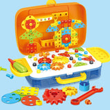 Joc educativ de constructie, Montessori, puzzle mozaic cu suruburi, saibe, surubelnita electrica, 276 piese