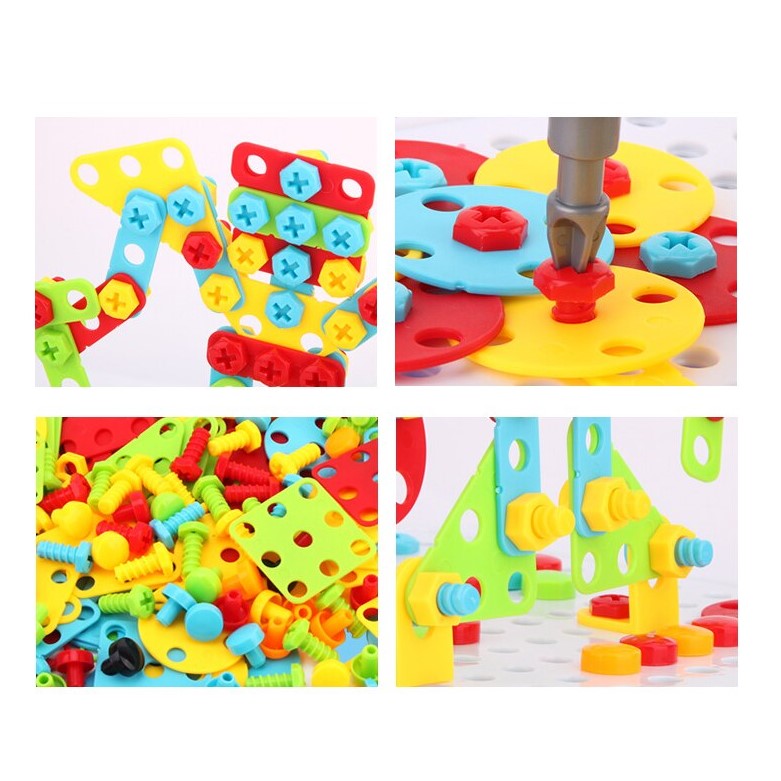 Joc educativ de constructie, Montessori, puzzle mozaic cu suruburi, saibe, surubelnita electrica, 276 piese