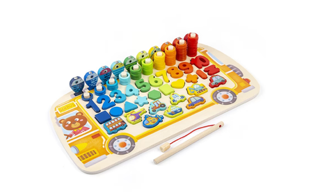 Joc educativ din lemn 6 in 1 logaritmic Montessori cu litere, cifre, forme geometrice si undita - BUZ.RO