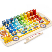Joc educativ din lemn 6 in 1 logaritmic Montessori cu litere, cifre, forme geometrice si undita