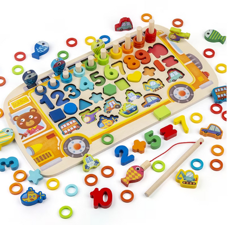 Joc educativ din lemn 6 in 1 logaritmic Montessori cu litere, cifre, forme geometrice si undita