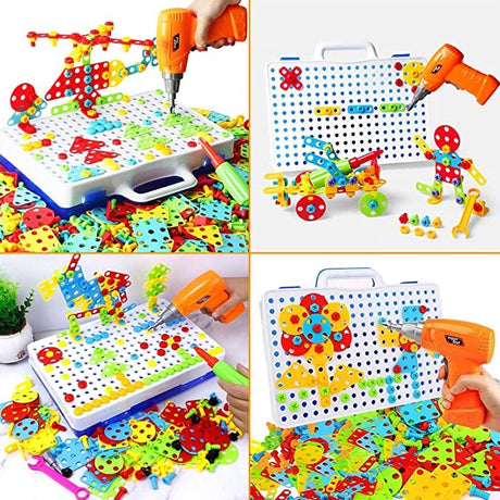 Joc de constructie, joc educativ, montessori, puzzle mozaic, suruburi, saibe, surubelnita electrica, albastru