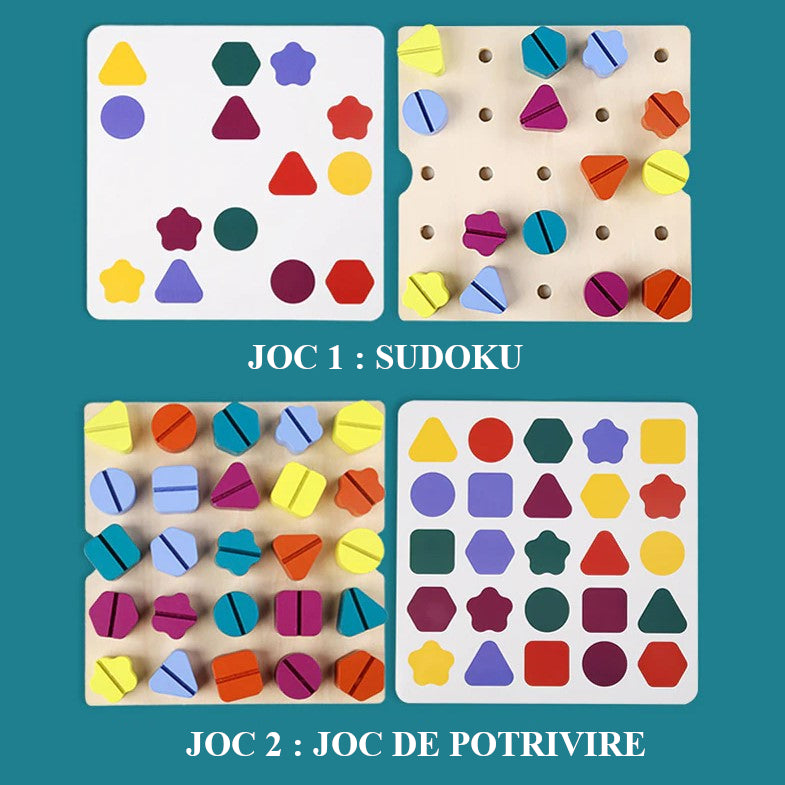 Joc educativ, joc educativ, Montessori, forme geometrice, potrivire, sortare, sudoku, multicolor
