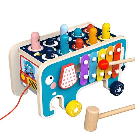 Joc motricitate, dexteritate, cu ciocanel, pian, joc de indemanare, pe roti, cu fir, din lemn, elefant - BUZ.RO