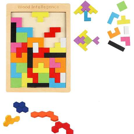 Joc tetris, puzzle lemn, wooden puzzle, 40 piese din lemn, 3D, educativ, dezvolta motricitatea, dexteritatea, 27cm x 18cm - BUZ.RO